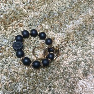 Sunflower Black & Gold Silicone Beaded Keychain Bracelet Wristlet Gold Hardware